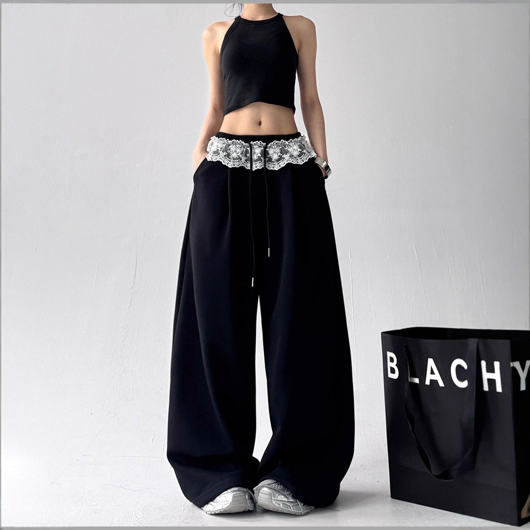Solid-color Loose-fit Lace Drawstring Casual Korean-style Draping Sporty Laid-back Style
