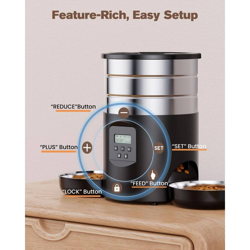 Dual Bowl Automatic Cat Feeder For Two Cats With Stable Anti Slip Design And Programmable Timer Offering One To Ten Portions Per Meal Transparent Locking Lid And Smart Dispenser For Both Dry And Wet F