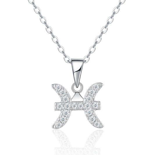 S925 Sterling Silver Pisces Necklace For Women D Color VVS1 Moissanite Zodiac Pendant With GRA Certificate, 3.2g Platinum Plated Astrology Jewelry, Perfect Birthday & Anniversary Gift Box Set For He