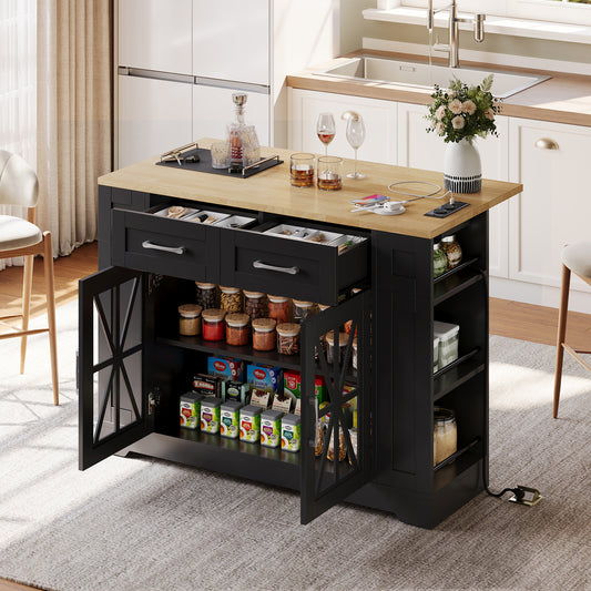 Kitchen Island On Wheels, With Foldable Tabletop, AC Socket, USB Port, Glass Door, Adjustable Shelves Suitble For Kitchen, Dining Room, Living Room,120x65x92