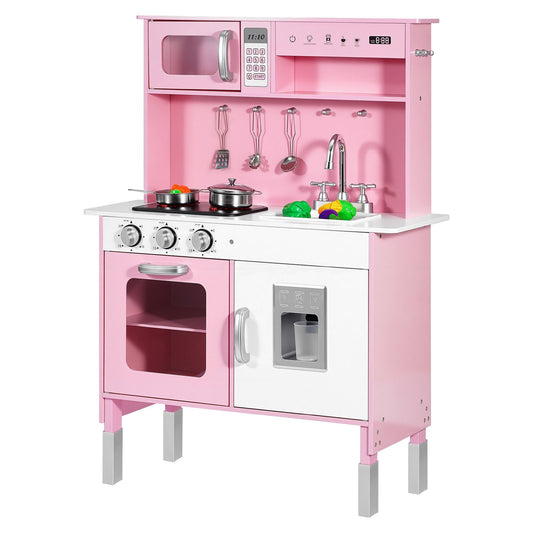 Play Kitchen For Kids, Wooden, Kids Kitchen P Layset With Real Lights & Sounds, Food & Cookware, Pretend P Lay Toy Set, Microwave, Oven, Clicking Knobs, For Toddlers, Girls & Boys Ages 3-8, P Ink