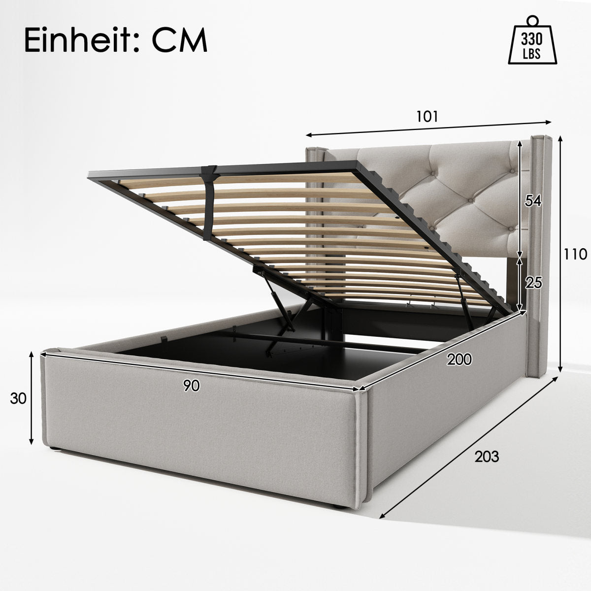 Hydraulic Single Bed Upholstered Bed 90x200cm,Bed With Metal Frame Slatted Frame, Modern Bed Frame With Storage Space, Cotton, Light Grey