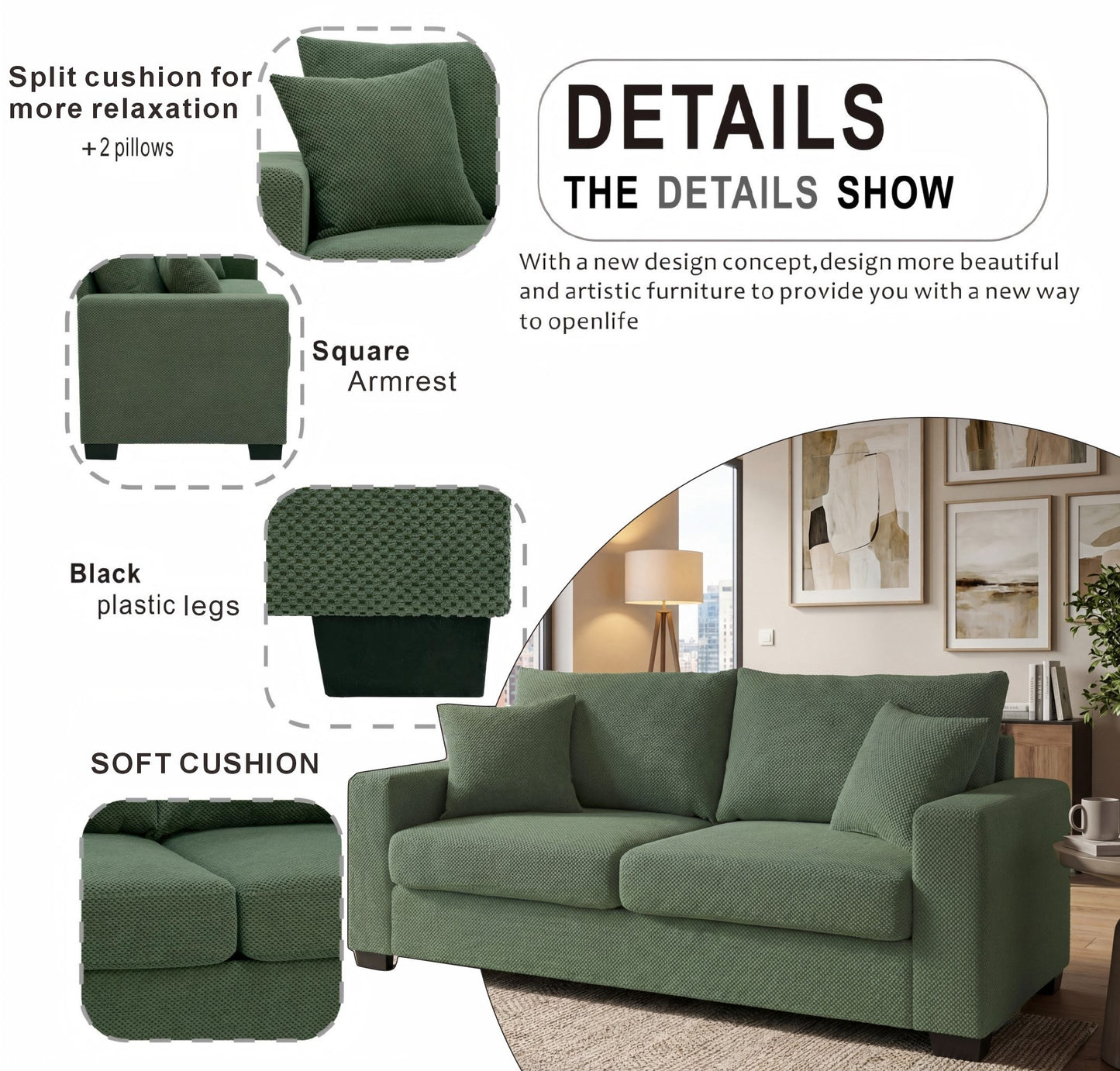 69-inch Two-seater  Sofa With Textured Fabric, Comfortable Upholstered Couch With 2 Throw Pillows And Sturdy Plastic Legs For Living Room, Apartment, Office,  Dark Green