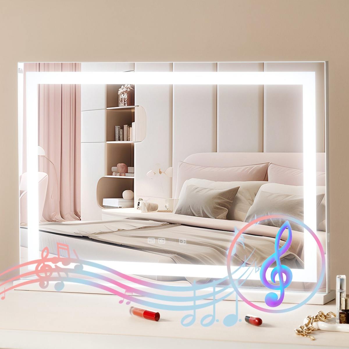 Hollywood Schminkspiegel Mit Beleuchtung, Kosmetikspiegel Mit 3 Farbbeleuchtungsmodi, LED-Schminkspiegel Mit Lichtern, 5-fache Vergrößerung, Bluetooth, USB, Smart-Touch-Steuerung, 797x547mm