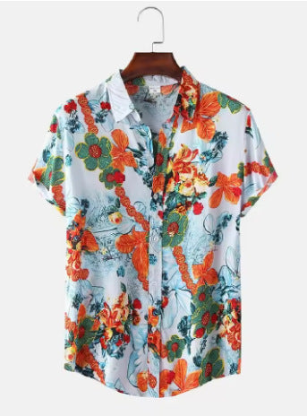 Retro-printed Short-sleeve Lapel-button Fashion Casual Jacket Shirt
