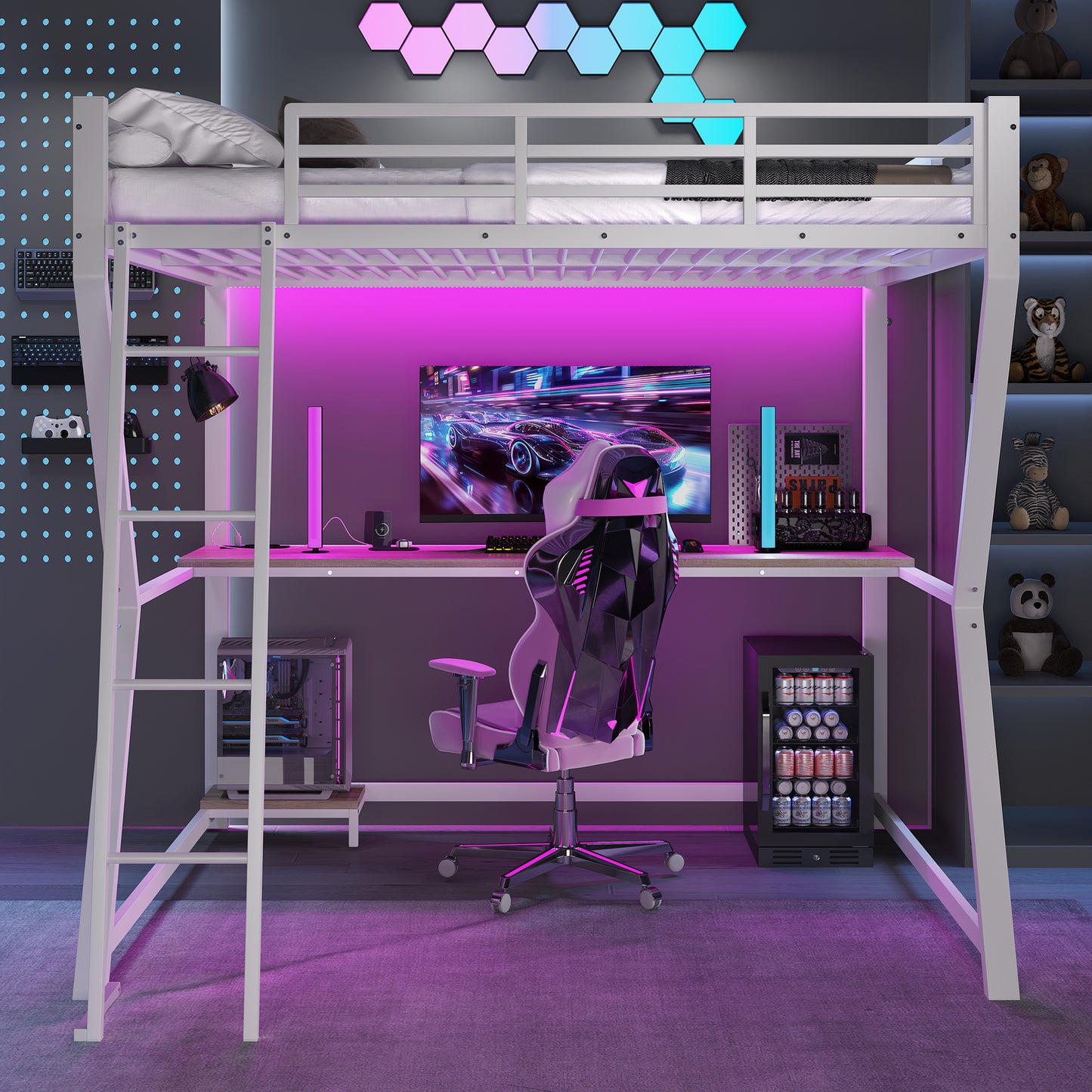 Loft Bed, 140x200cm, With LED Lights, Computer Console Shelf, Desk, Socket USB, Railing, Stairs, Without Mattress, White