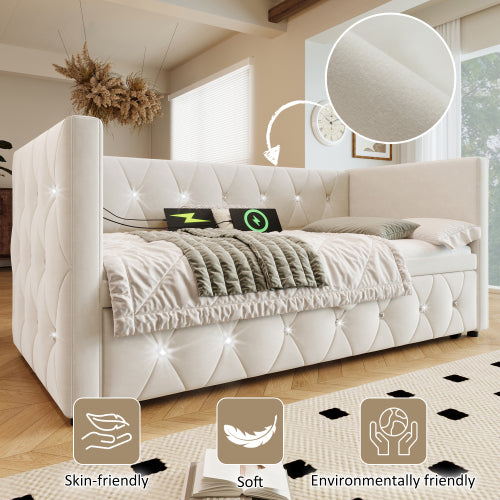 Daybed Single Upholstered Bed Sofa Bed With USB &Type C Charging Station, 3FT Single Bed 90 X 190 Cm With Trundle ,Pull Out Trundle For Living Room And Bedroom, Velvet