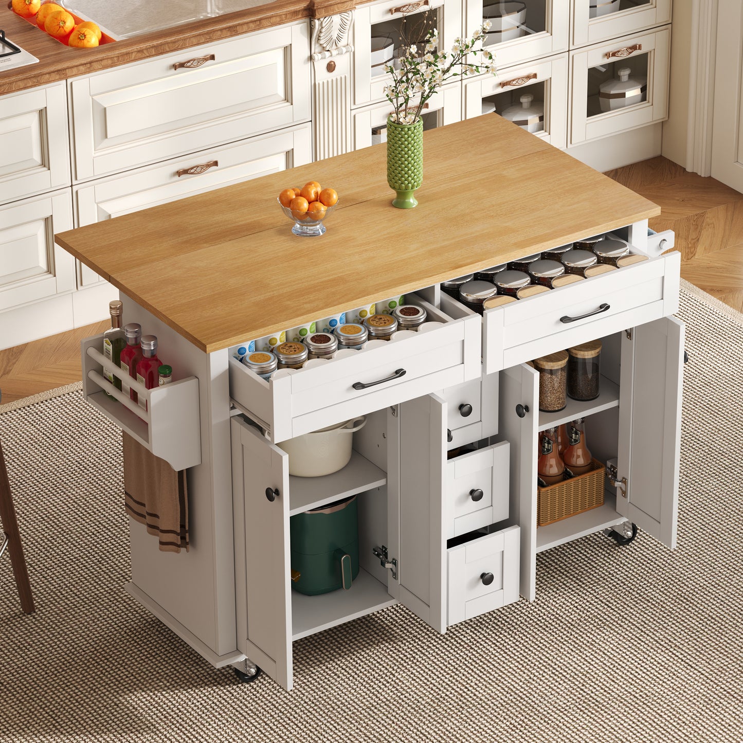 Multifunctional Kitchen Trolley With Fold-out Worktop, 120x65 Cm Expandable, With 5 Drawers, Cabinets, Spice & Towel Rack, On Castors  Kitchen Island For Kitchen, Dining Room & Living Room
