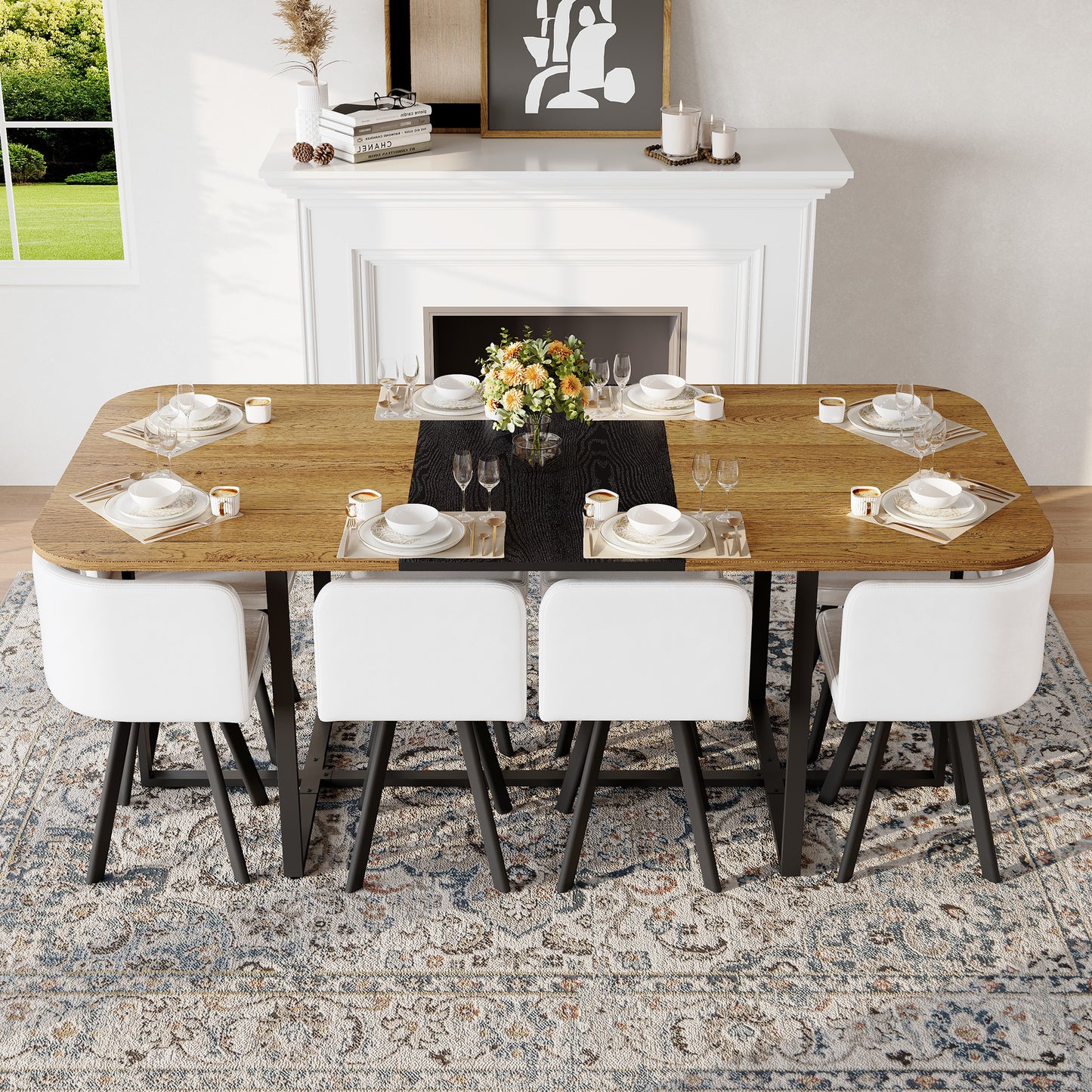 9-Piece Square Dining Table Set, Fixed Two-Tone Wood Grain & Black Wood Grain Triamine Tabletop With 8 White Faux Leather Chairs, Modern Kitchen Table Set For 8 People, Ideal For Family Gatherings