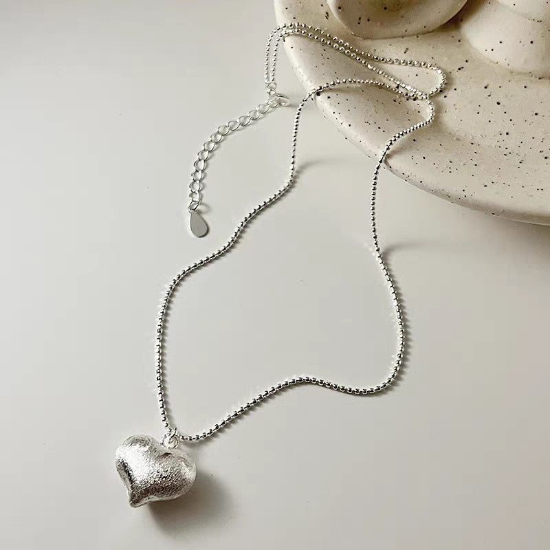 1pc 999 Sterling Silver Matte Heart Pendant Ball Chain Necklace, Minimalist Sweet Style, Perfect For Daily Wear & Valentine's Gifts