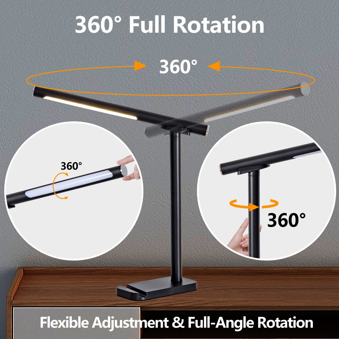 LED Desk Lamp 360 Adjustable, USB Charging Port, 5 Light Modes & Dimmable Brightness, Bedside Lamp For Reading, Craft, Work, Study Black