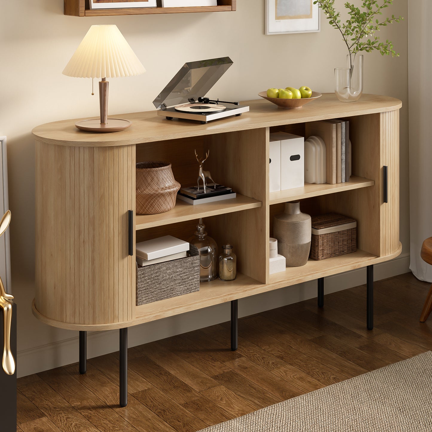 Modern MDF Sideboard With Roller Shutter Doors, Aluminum Handles & Iron Legs  Versatile Storage Cabinet For Living Room, Dining Room & Modern Decor
