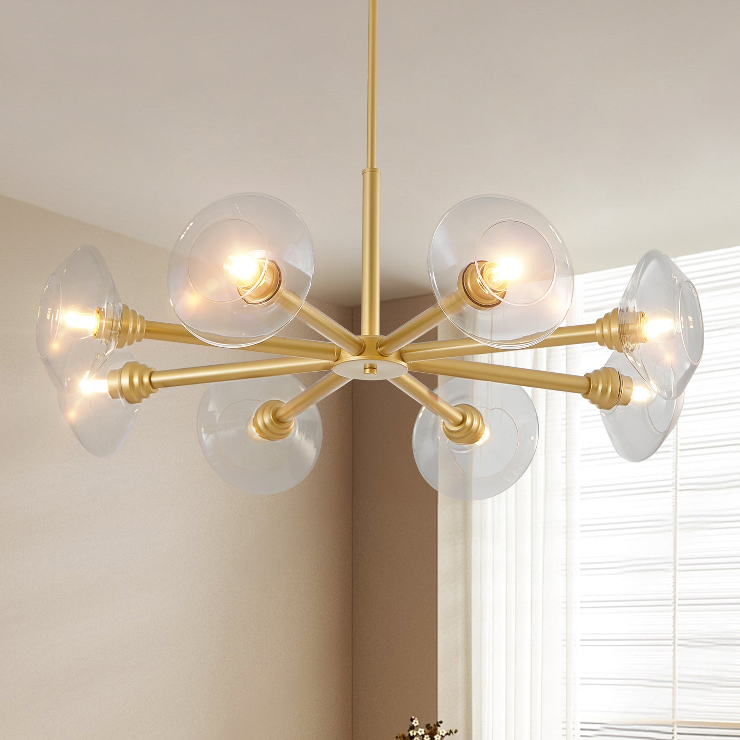 36  Modern Gold 8-Light Sputnik Chandelier With Clear Glass Shades, Mid-Century Hanging Pendant Light Fixture For Dining Room, Living Room, Or Kitchen Bulb Not Included