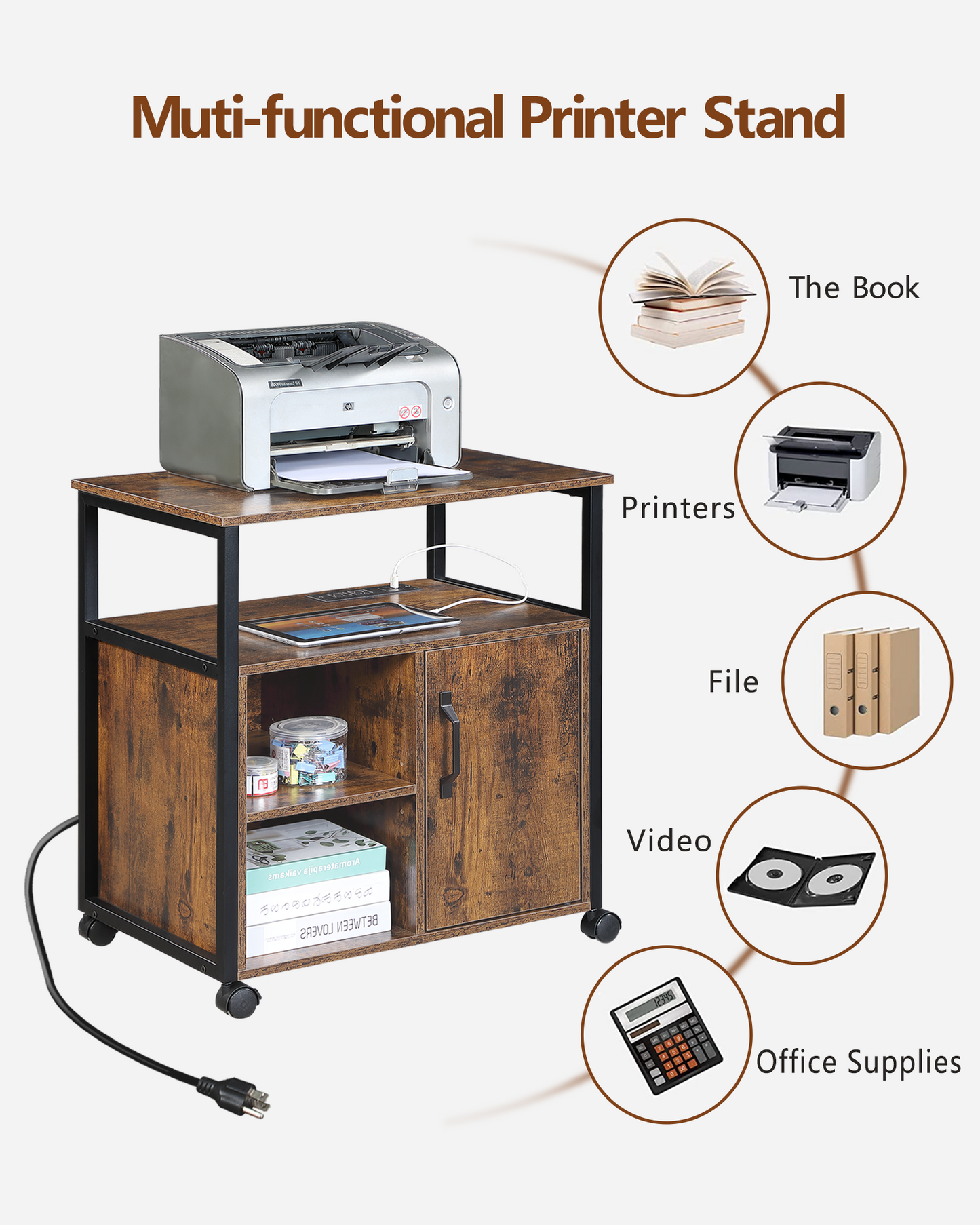 File Cabinet,Office Filing Cabinets With Socket And USB Charging Port,Printer Stand With Storage For A4, Letter Size,Metal Side Frame ,Easy Installationfor Home Office, Rustic Brown Black