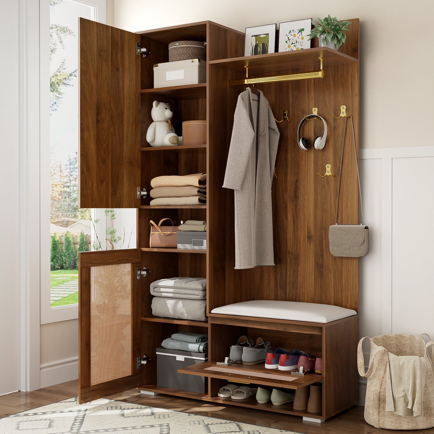 Wardrobe Set, Wardrobe Set With Mirror, 6 Golden Coat Hooks, Shoe Cabinet, Wall Coat Rack, Upper Storage Compartment, Bench Seat And 16-colour LED Lighting