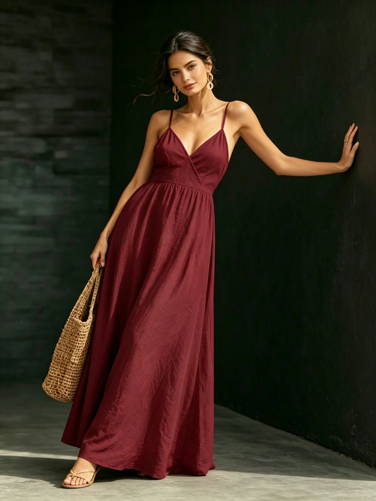 Summer V-Neck Spaghetti Strap Maxi Dress With Pockets - Elegant Vacation & Office Wear For Women