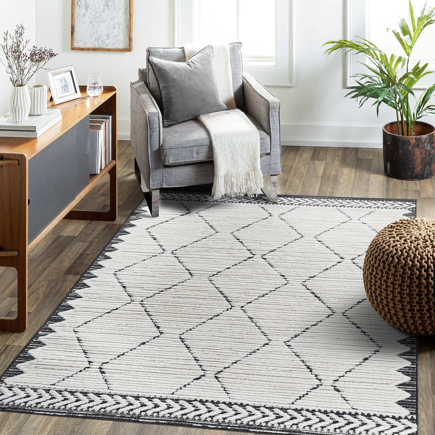 Step  High-Low Trellis Cream Anthracite Indoor Area Rug, Modern, Contemporary, Geometric, Bohemian, Bedroom, Kitchen, Living Room, Non Shedding Carpet