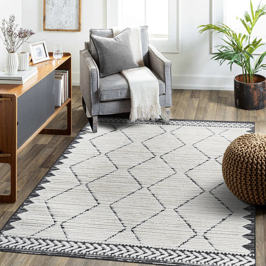 Step  High-Low Trellis Cream Anthracite Indoor Area Rug, Modern, Contemporary, Geometric, Bohemian, Bedroom, Kitchen, Living Room, Non Shedding Carpet