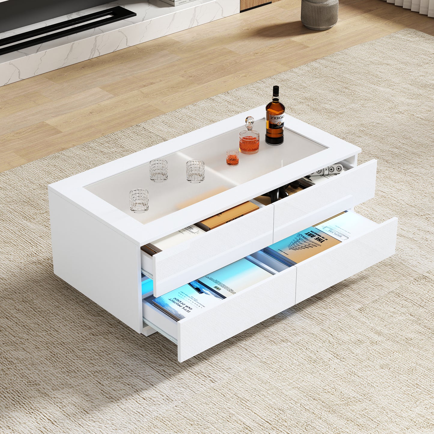 Modern White Coffee Table 100x50x40cm, Coffee Table With 4 Drawers, LED Lighting, Tempered Glass Top And High-gloss Fronts, Stable Living Room Table Made Of Chipboard With 35kg Load Capacity