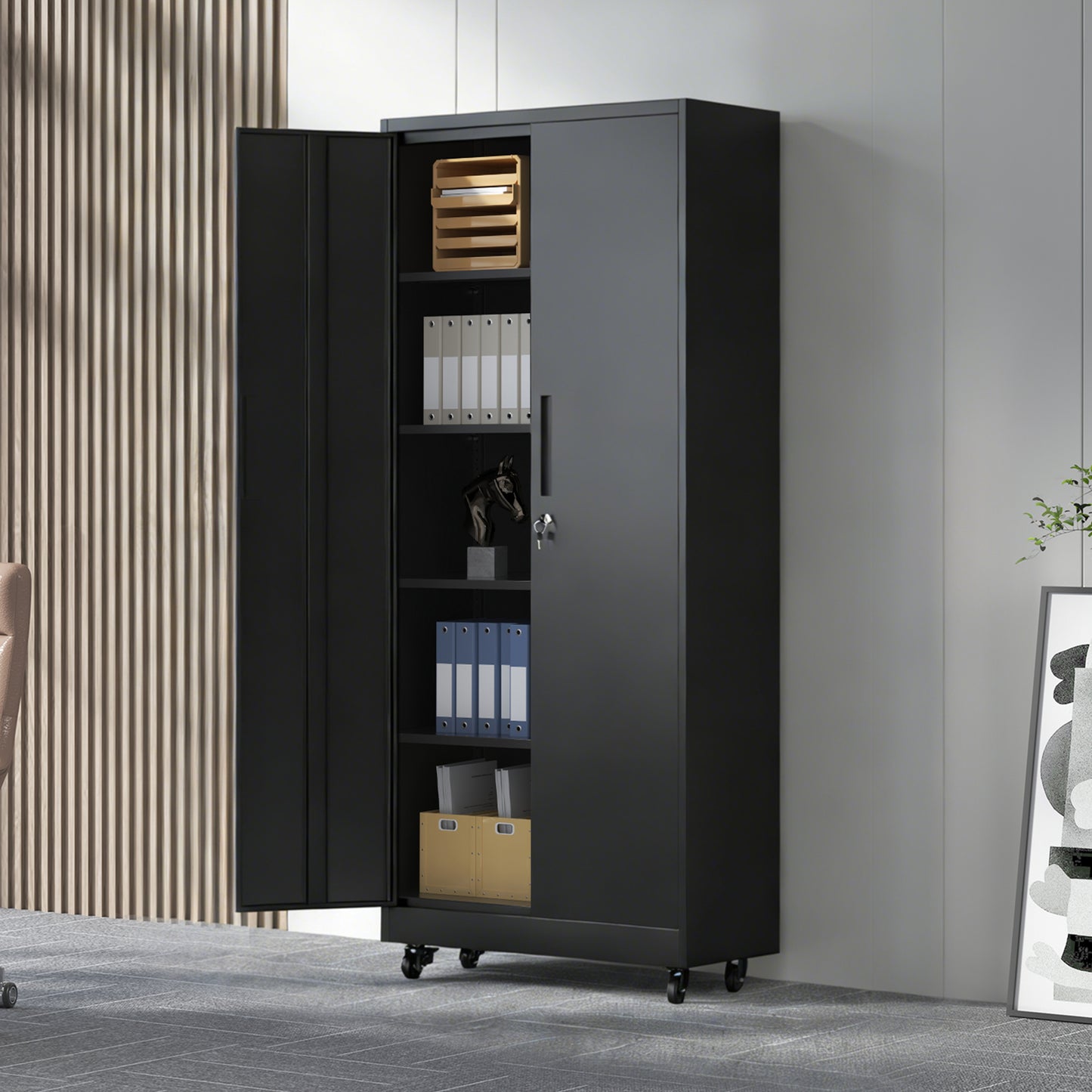 71H Metal Garage Storage Cabinet With Wheels And Lock, Heavy Duty Rolling Metal Cabinet, 4 Adjustable Shelves  180lb Each , 3-Point Locking Security, For Tool Organization In Garage, Workshop, Office