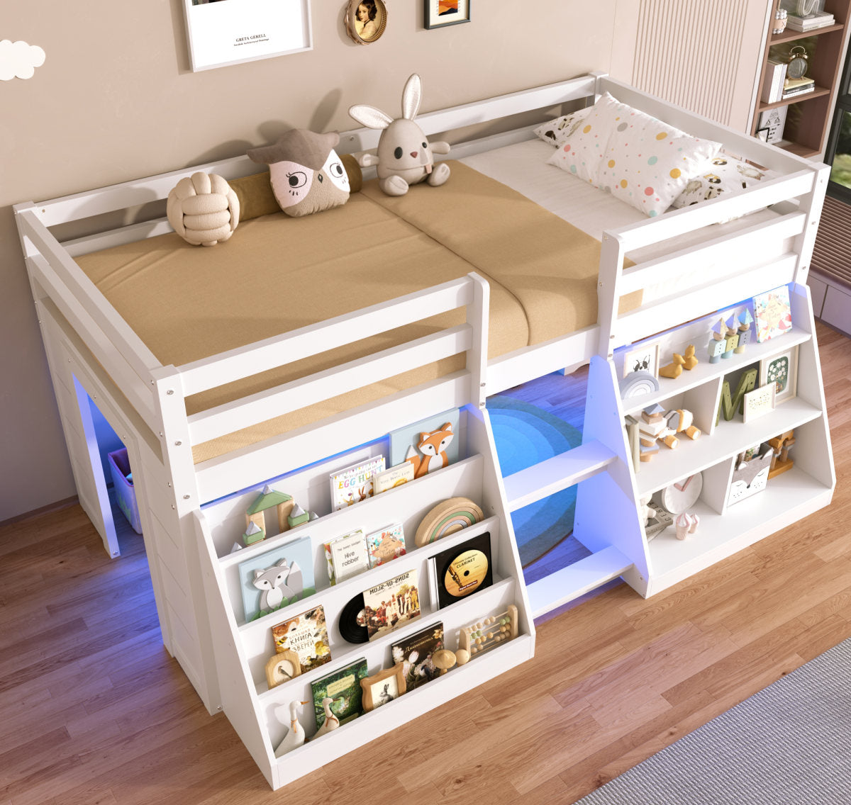 3ft Single Low Loft Bed With LED Light, Wooden Bed Frame With Stairs, Bookcase, Storage Shelf And Under-bed Play Space, Modern Bed With Safety Guardrail, Saving-space Design, White  No Mattress