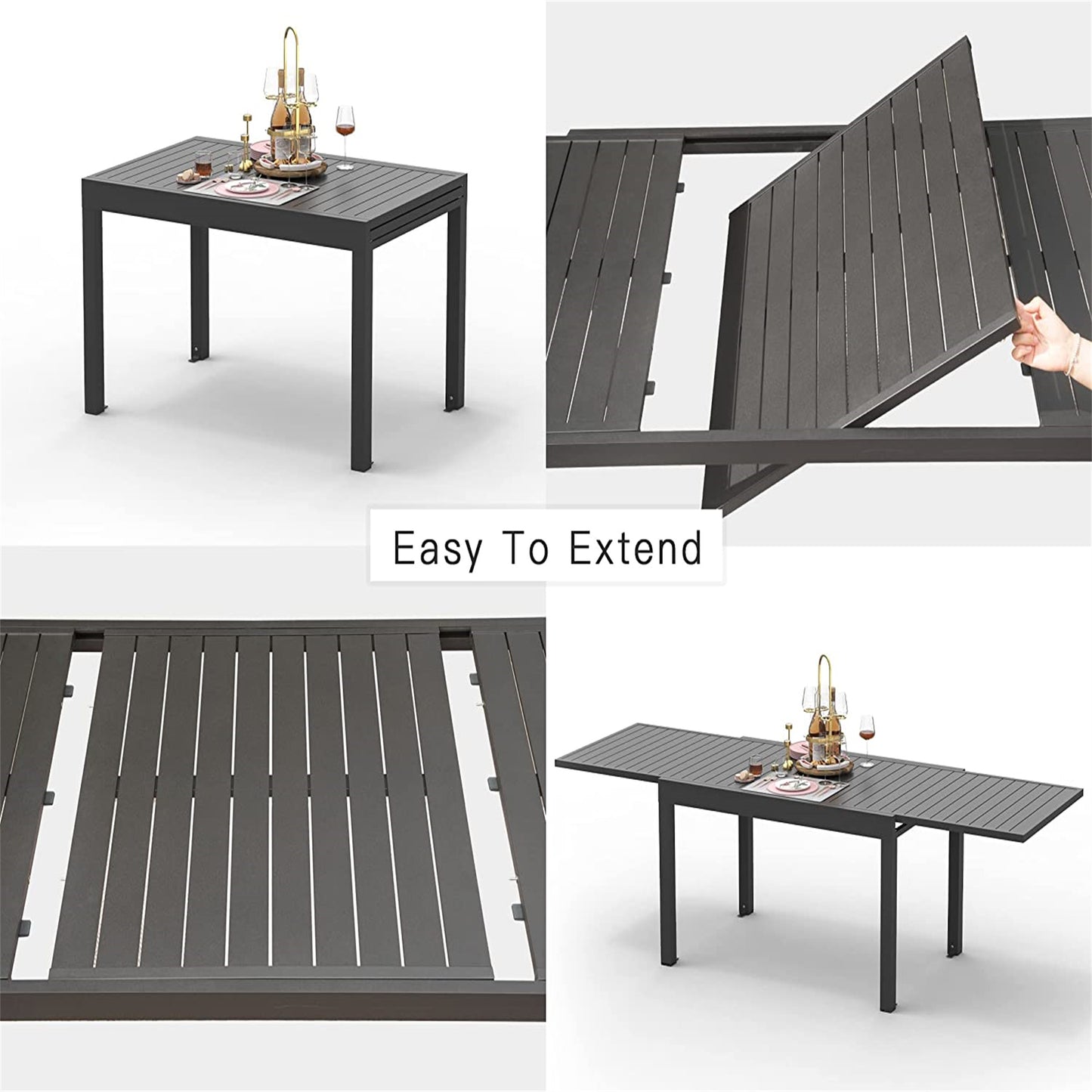 Patio Dining Expandable Table, Metal Aluminum Outdoor Table For 6-8 Person Rectangular Table For Garden Lawn Porch Bistro  Black,1 Table