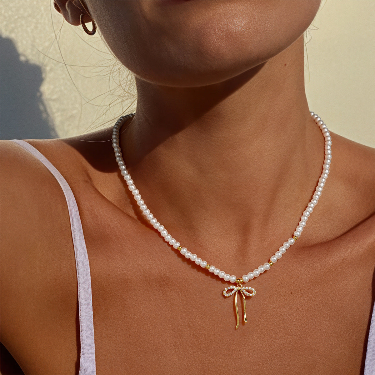 Best Selling European American Jewelry, Niche Bow Design Necklace Inlaid Pearls, Elegant Versatile Clavicle Chain For Women