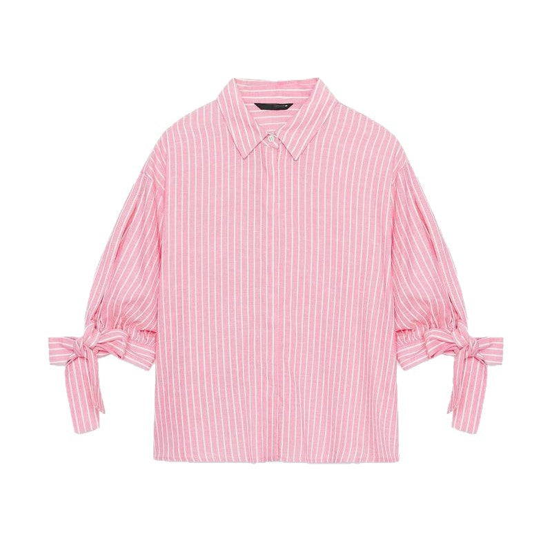 Casual Fashion Bow Tie Striped Short-sleeved Shirt
