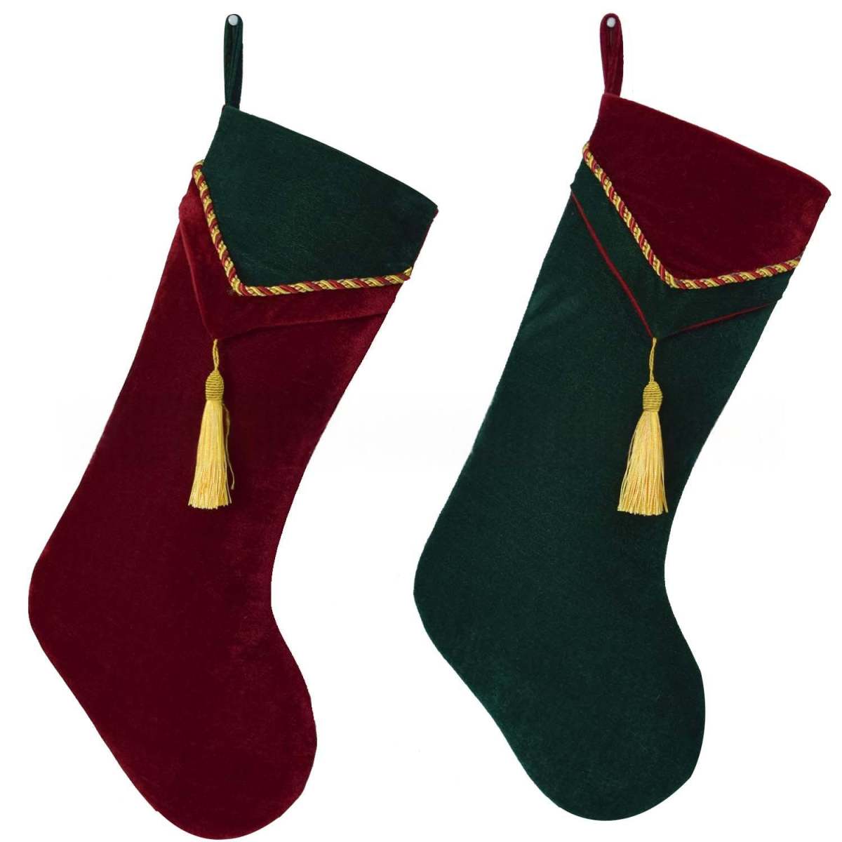 Red And Green Velvet-look Triangular Tassel-top Christmas Stocking