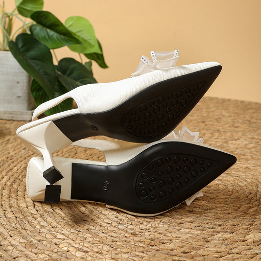New Summer French Closed Toe Sandals, Bow Decor Comfy Solid Color Stiletto High Heels Women Pointed Shallow Mouth Pumps