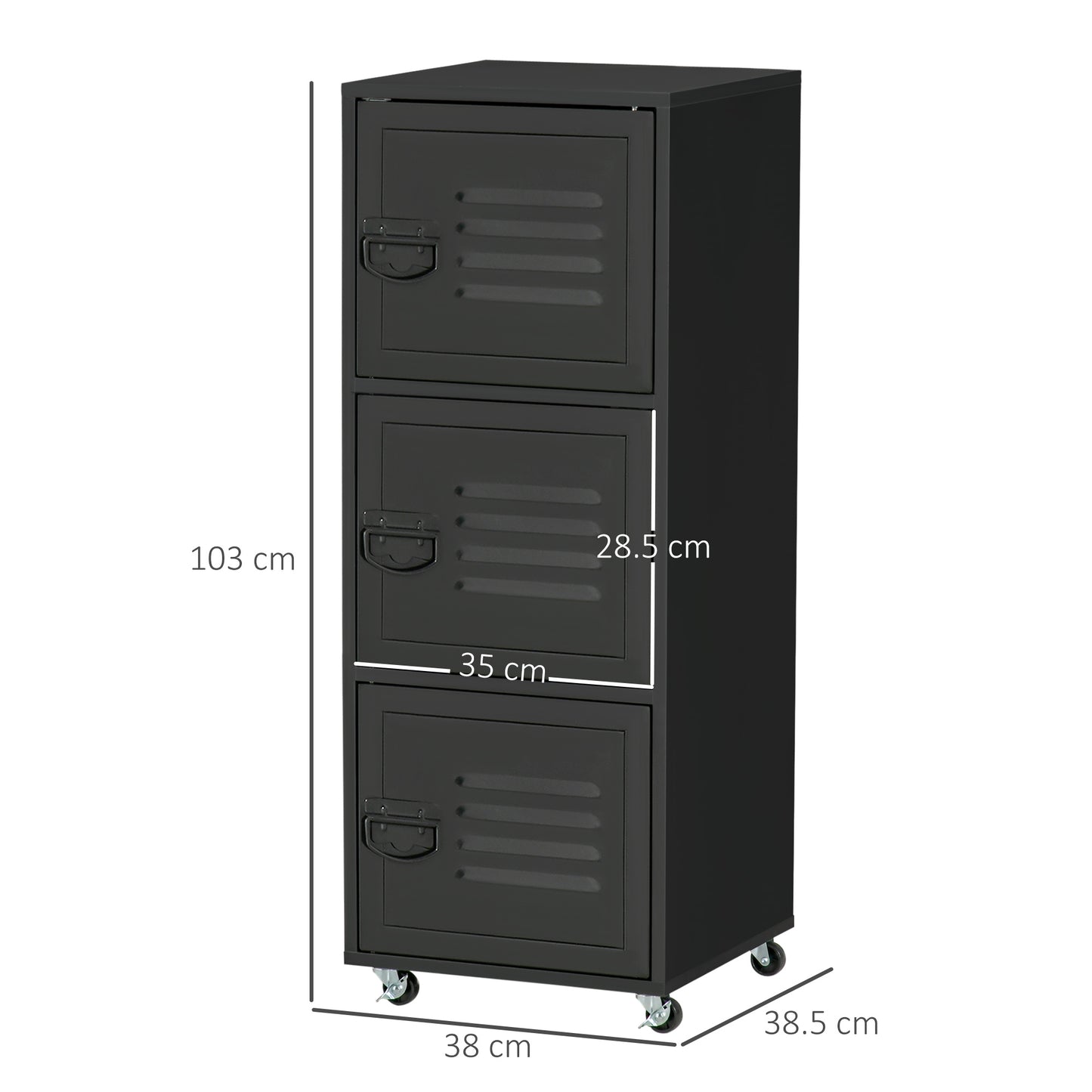 Rolling Storage Cabinet 3-Tier Mobile File Cabinet With Wheels & Metal Doors For Home Office, Living Room, Black