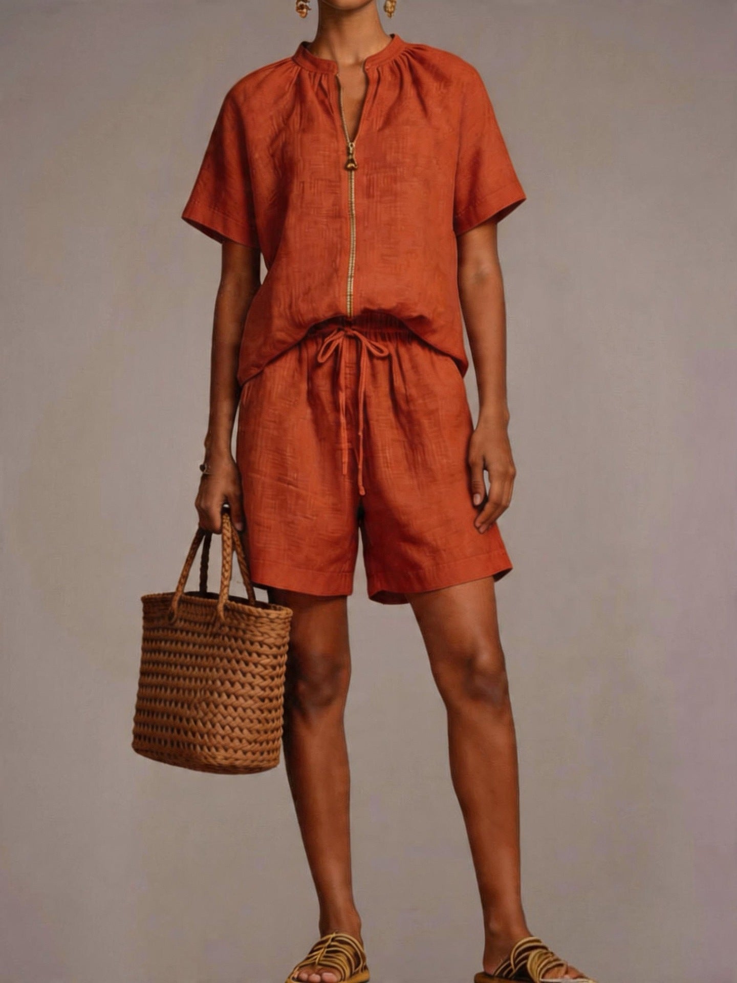 Summer New Solid-color Cotton-linen Short-sleeve Shorts Set