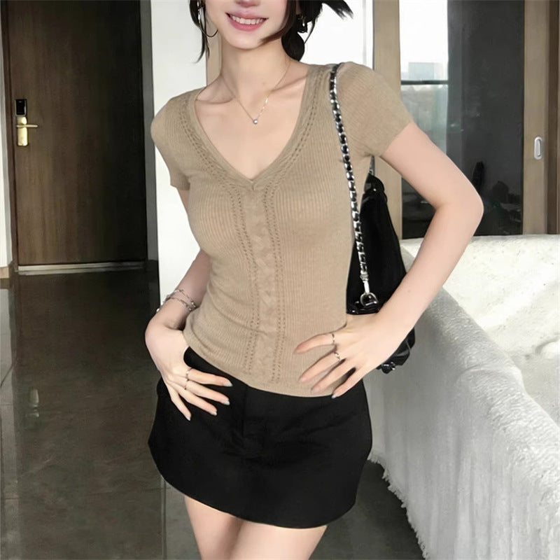 Spring New Arrival Solid-Color V-Neck Hollow-Out Knitted Short-Sleeve T-Shirt For Women