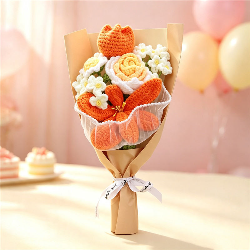 Handmade Crocheted Flower Bouquet, Orange Tulips And Lilies Matched With Roses And Tiny White Blossoms, Soft Yarn Everlasting Knitted Bouquet, Indoor Home Decorative Ornament