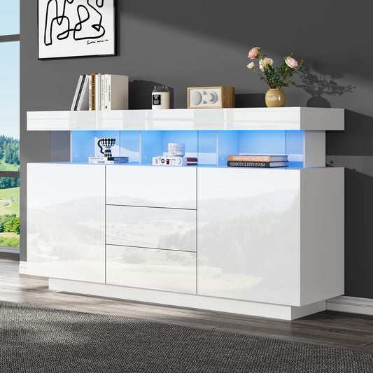 140 X 35 X 80 Cm Modern Sideboard, High-gloss Sideboard, Coffee Bar, Acrylic Sideboard With 16-color LED Light Strip, Suitable For Dining Room, Kitchen, Hallway White