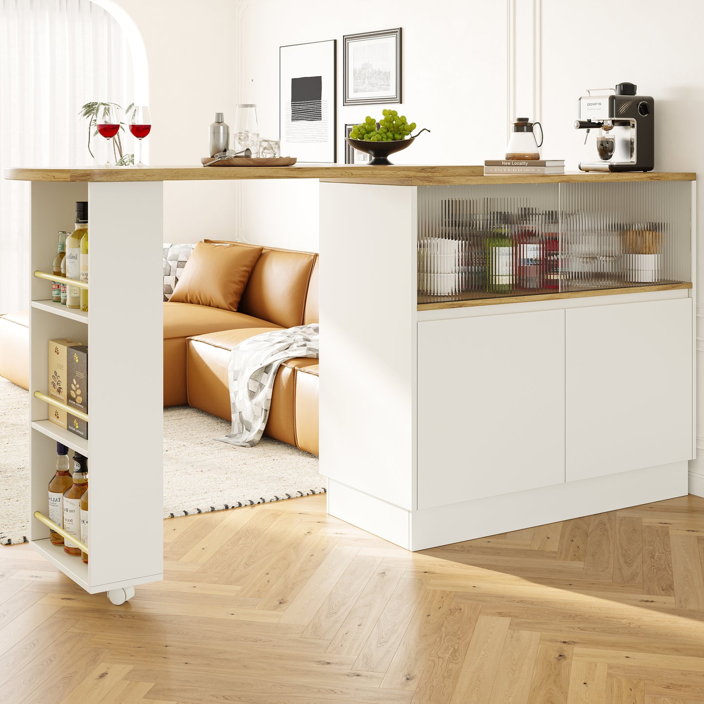 N620P20771617W 360 Rotatable Edible Bar  Main Body 90 X 45 X 100 Cm , Modern, Simple, Multifunctional, Swivel Sideboard With Shelves And Glass, Suitable For Kitchens And Restaurants