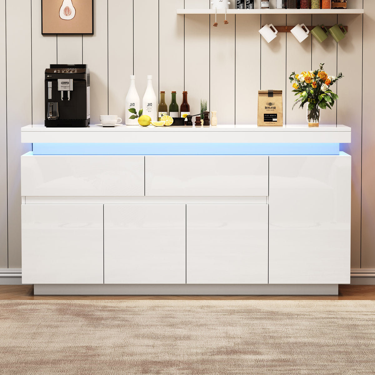 White High Gloss Sideboard With RGB LED Lights, App-Controlled Cabinet With 4 Doors 2 Drawers,Modern Storage Cupboard Unit For Living Room, Bedroom, Dining Room,140 X 35 X 72,5 Cm