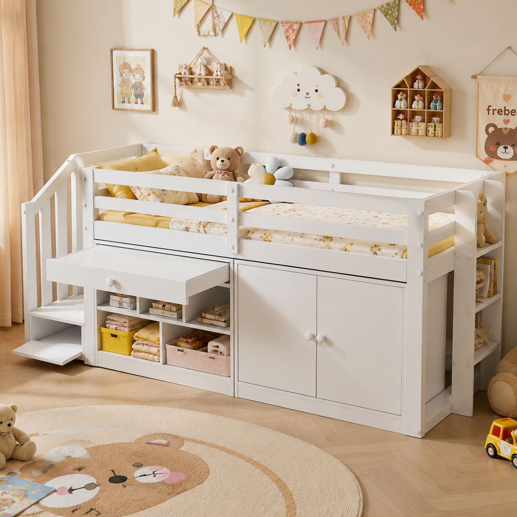 Multifunctional Wooden Cot, With Stairs And Storage Space, Stairs Cupboards Interchangeable Left And Right, Drawers Can Be Turned Around And Used As A Desk, 90x200, White OLD SKU N634P182446780W