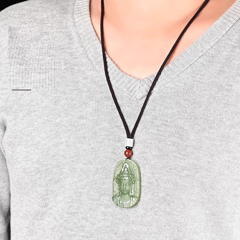 Wholesale Imitation Hetian Green And White Jade Tara Guanyin Pendant Light Green Water Bodhisattva Pendant Unisex Jade Necklace Gift
