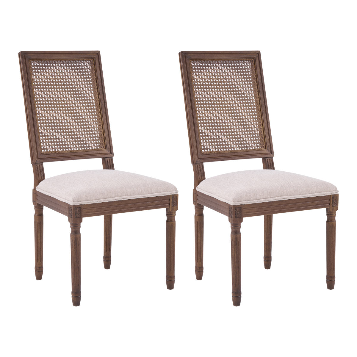 [Set of 2] French Country Dining Chairs - Elegant Cane Backrest & Upholstered Seats with Fluted Legs - Rustic Weathered Finish - Solid Rubberwood Frame - Vintage Inspired Kitchen & Dining Room Chairs