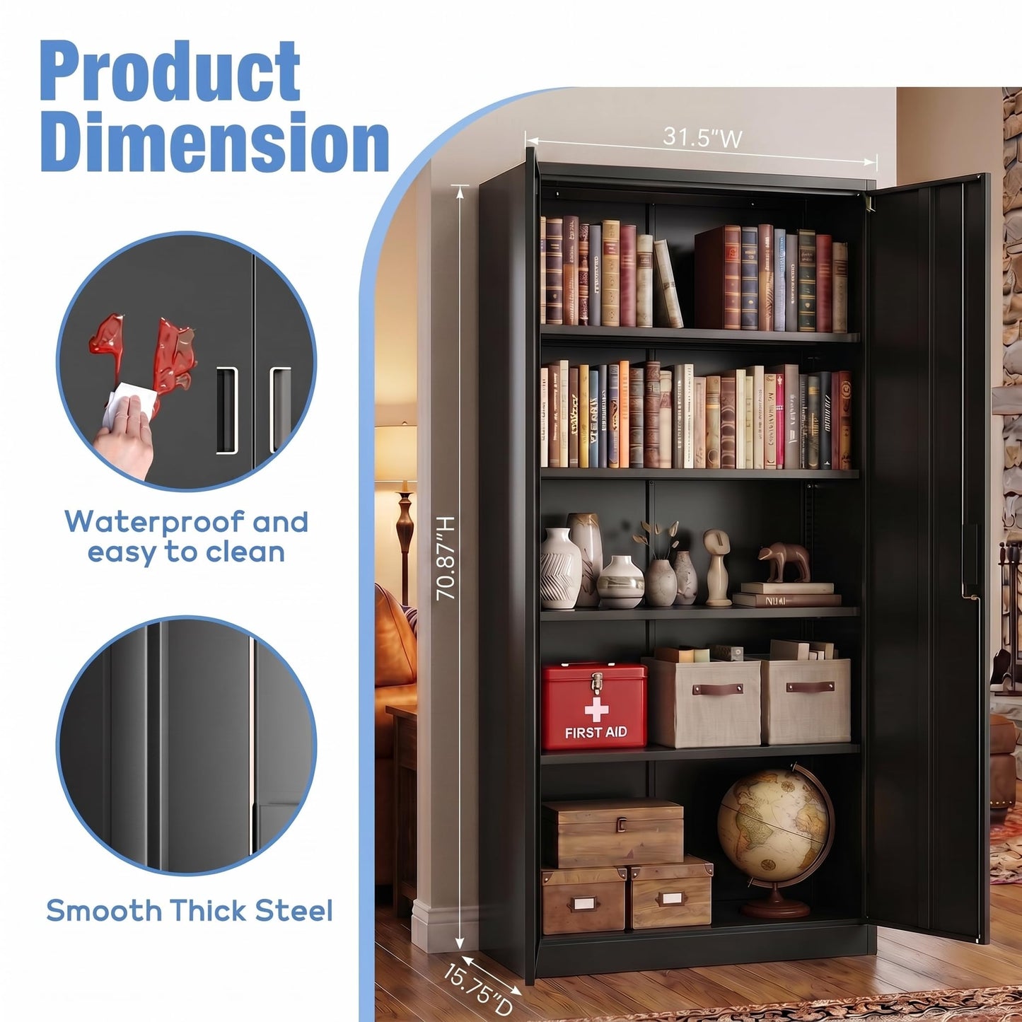 Metal Garage Storage Cabinet, Lockable Steel Storage Cabinet With 4 Adjustable Shelves For Garage, Office, Home, Assembly Required, Black