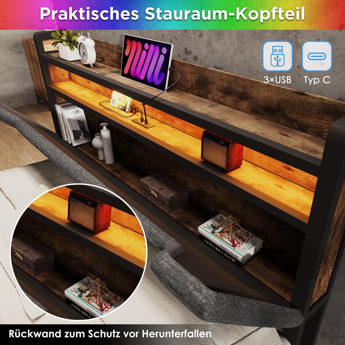 Sofa Bed With USB Type C Charging Function, Storage Head Part And LED Lighting And Drawer, Double Bed 140x200 Storage Bed Frame With Metal Frame, Grey  Without Mattress
