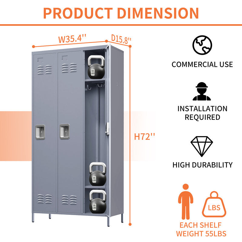 3-Door 72in Steel Locker W Locks For Employees, Storage Cabinet For Home Gym Office School Garage, Gray