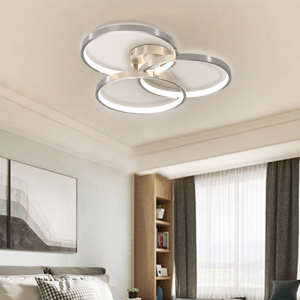 20  Modern LED Ceiling Light Fixture - Circular 3-Ring Design, Dimmable, Contemporary Brushed Nickel Finish For Living Room, Bedroom & Office