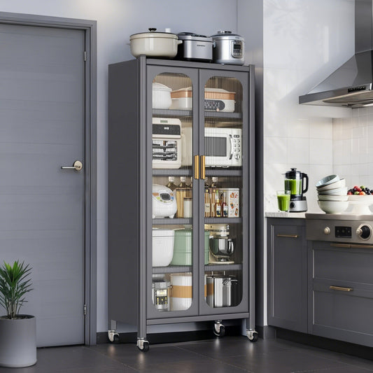 65  Kitchen Pantry Storage Cabinet, 6 Tier Metal Display Storage Cabinet With Transparent Door, Adjustable Shelves & Wheels, Food Pantries Cabinets, For Kitchen, Living Room And Dining Room, Gray