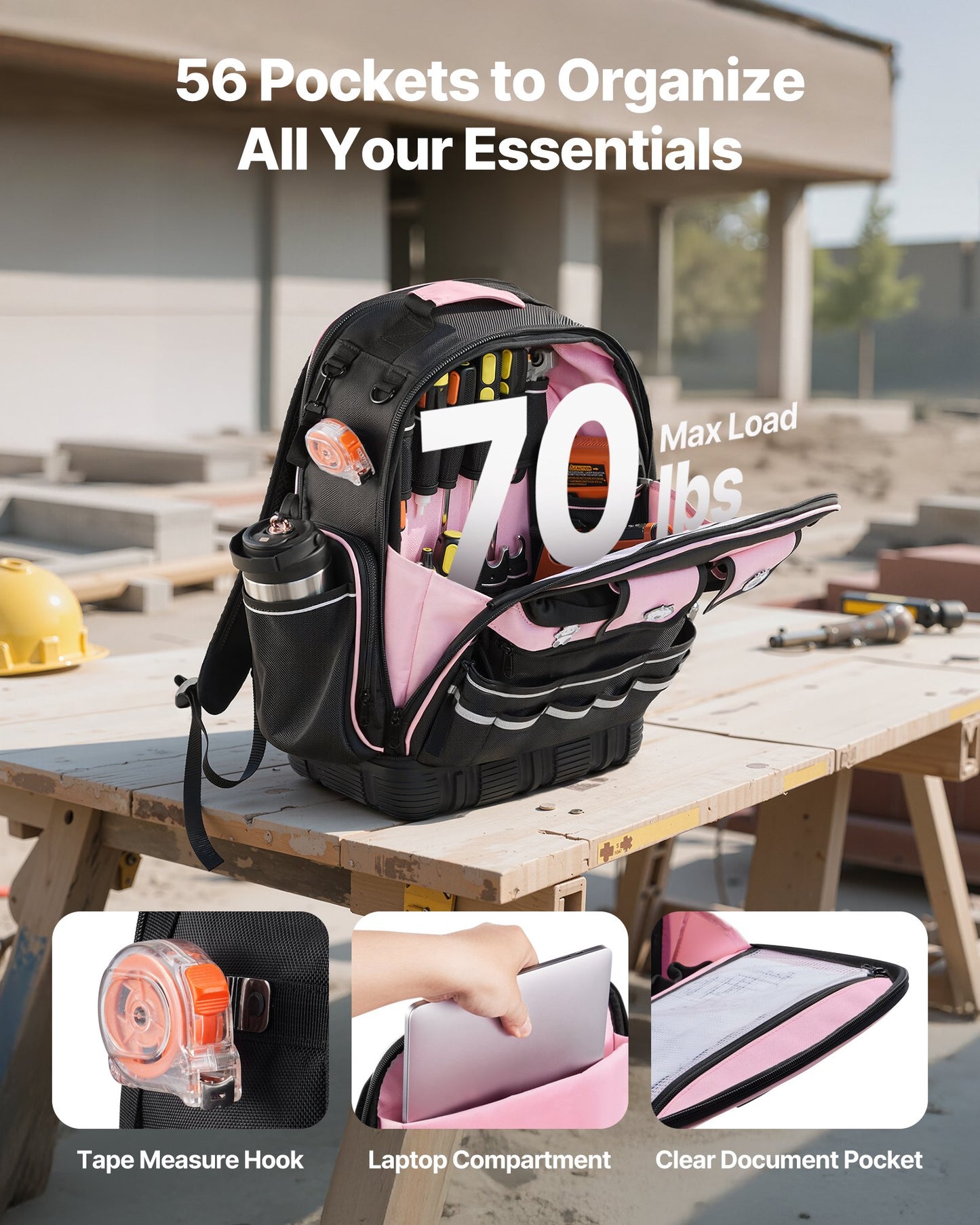 Tool Backpack, 56 Pockets, Heavy-duty Tools Storage Organizer Work Bags With Laptop Compartment & Molded Base, Electrician Jobsite Backpack For Electrician, Repairman, And HVAC Techs