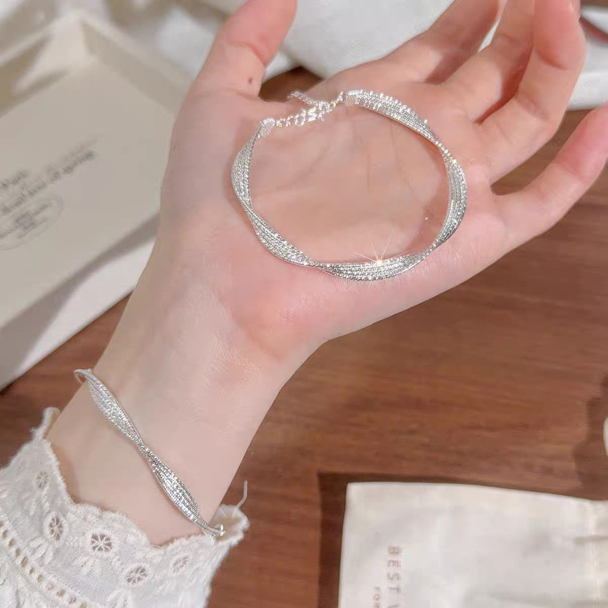 1pc 999.9 Sterling Silver Twisted Mesh Bangle, Luxurious Minimalist Style, Perfect For Daily Wear & Valentine's Gifts