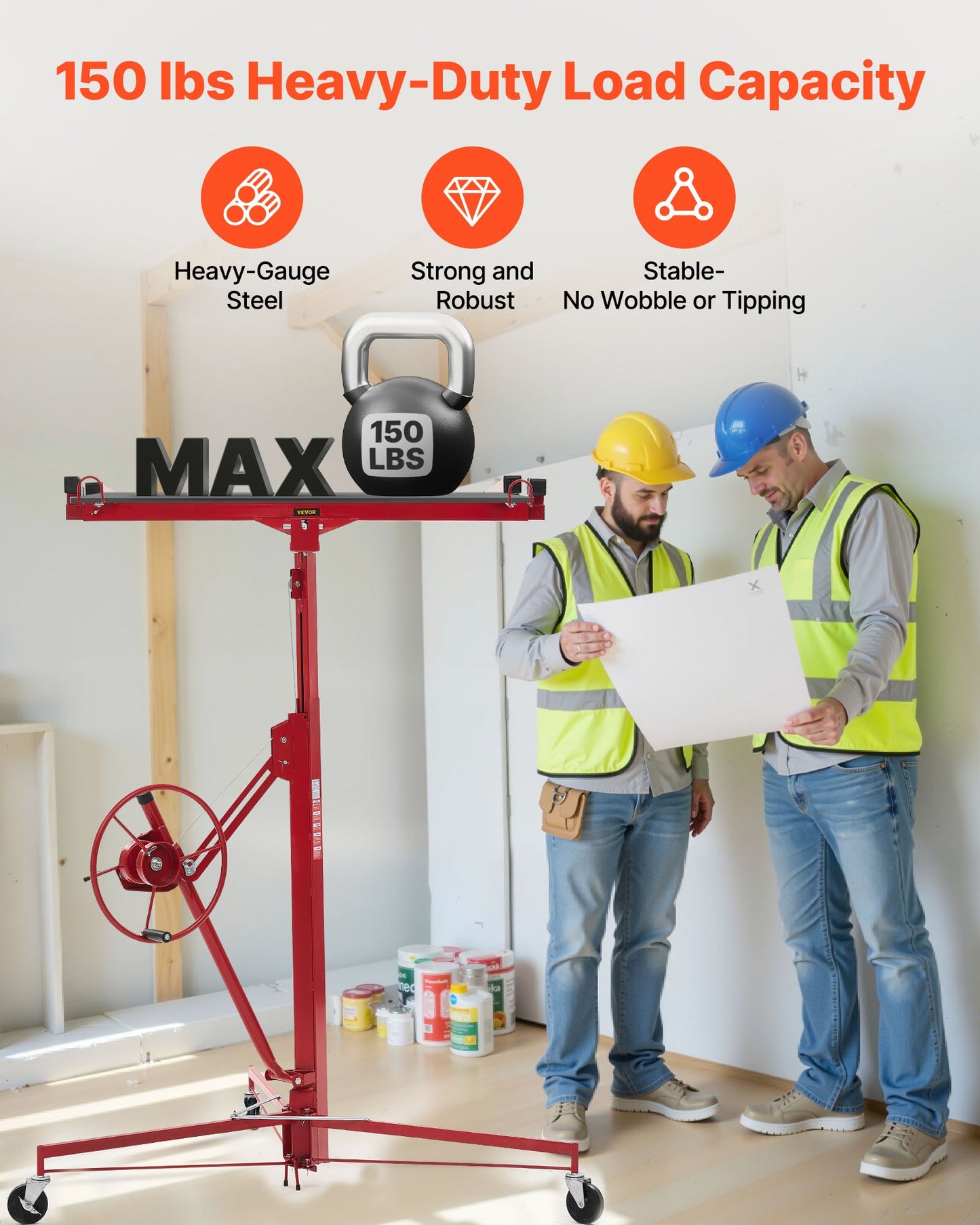 11ft Drywall Lift, Heavy-Duty 150 Lbs Sheetrock Hoist With Adjustable Telescoping Arm, Lockable Wheels, Drywall Lifter Panel Jack Hoist Tools Ideal For Ceiling & Wall Installation (Red)