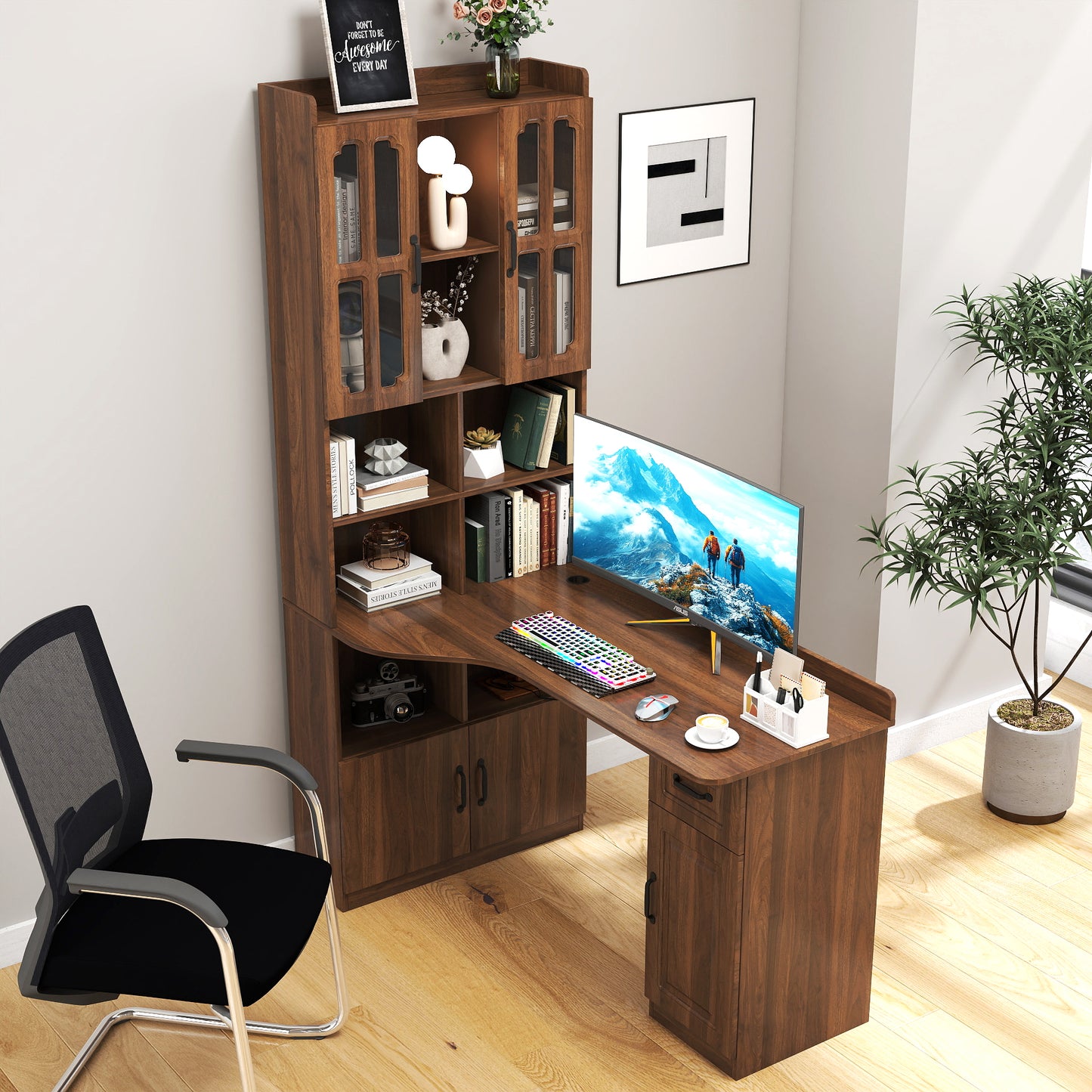 L-Shaped Corner Computer Desk  For Home Office Or Study Desk, Study Modern Style Table With Drawers, Bookshelf & Hutch, 2-in-1 L-Shaped Design, Large Working Space