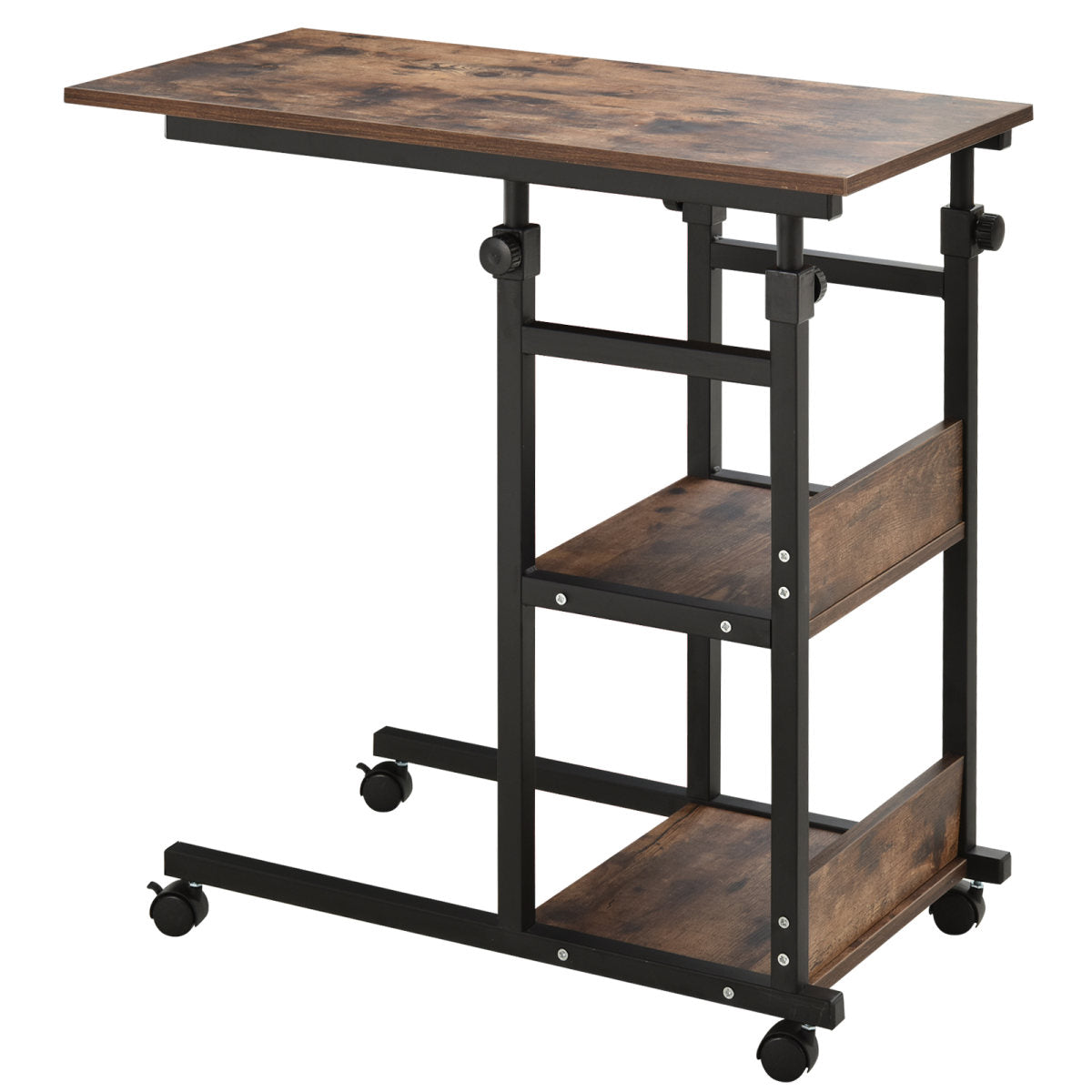Mobile Nightstand Adjustable 3-Tier C-Shaped Side Table With Casters